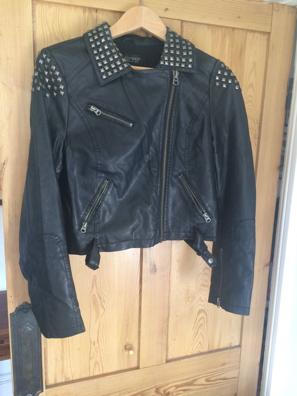 Topshop faux leather classic biker jacket in black