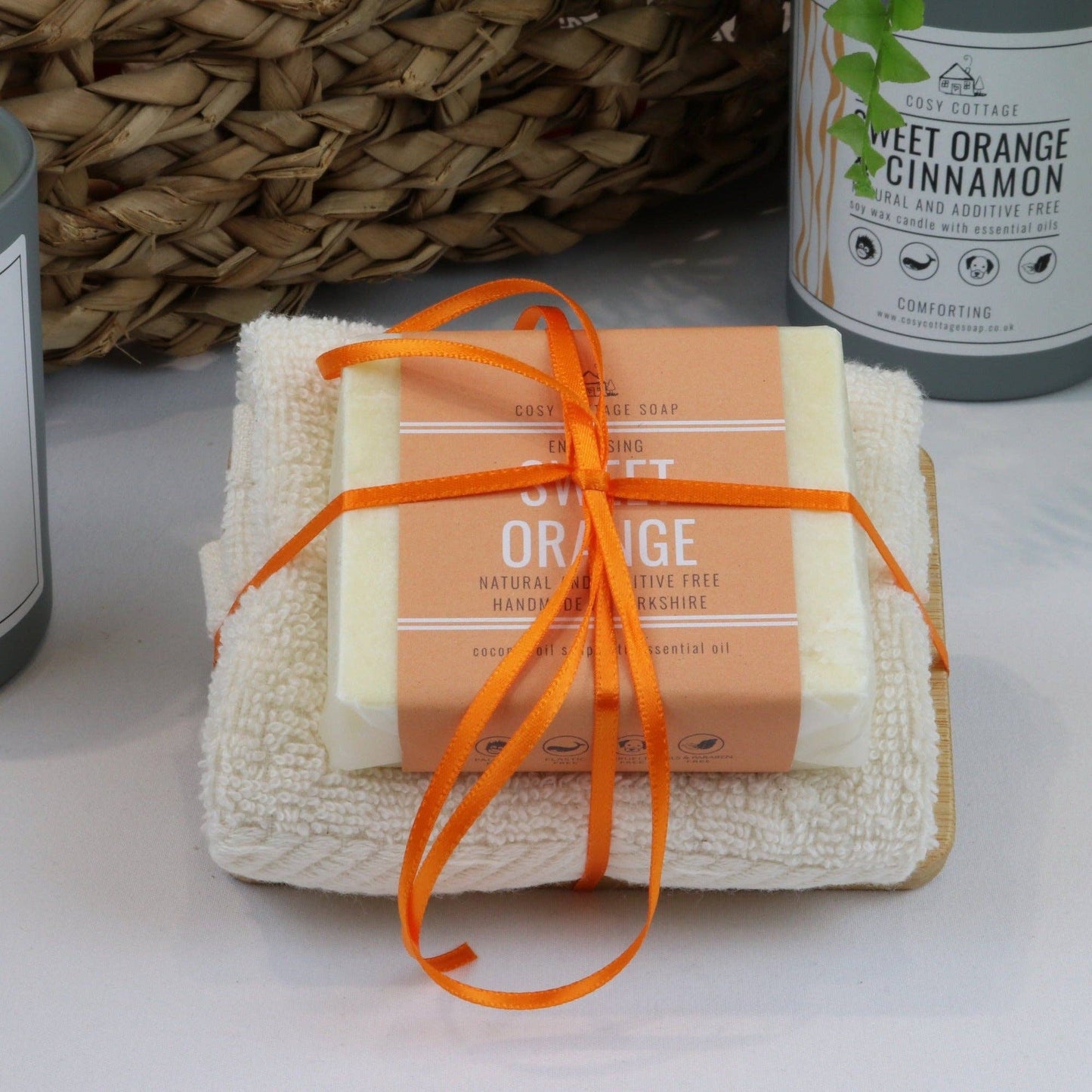 Vegan Soap, Cloth & Wooden Dish Gift Set