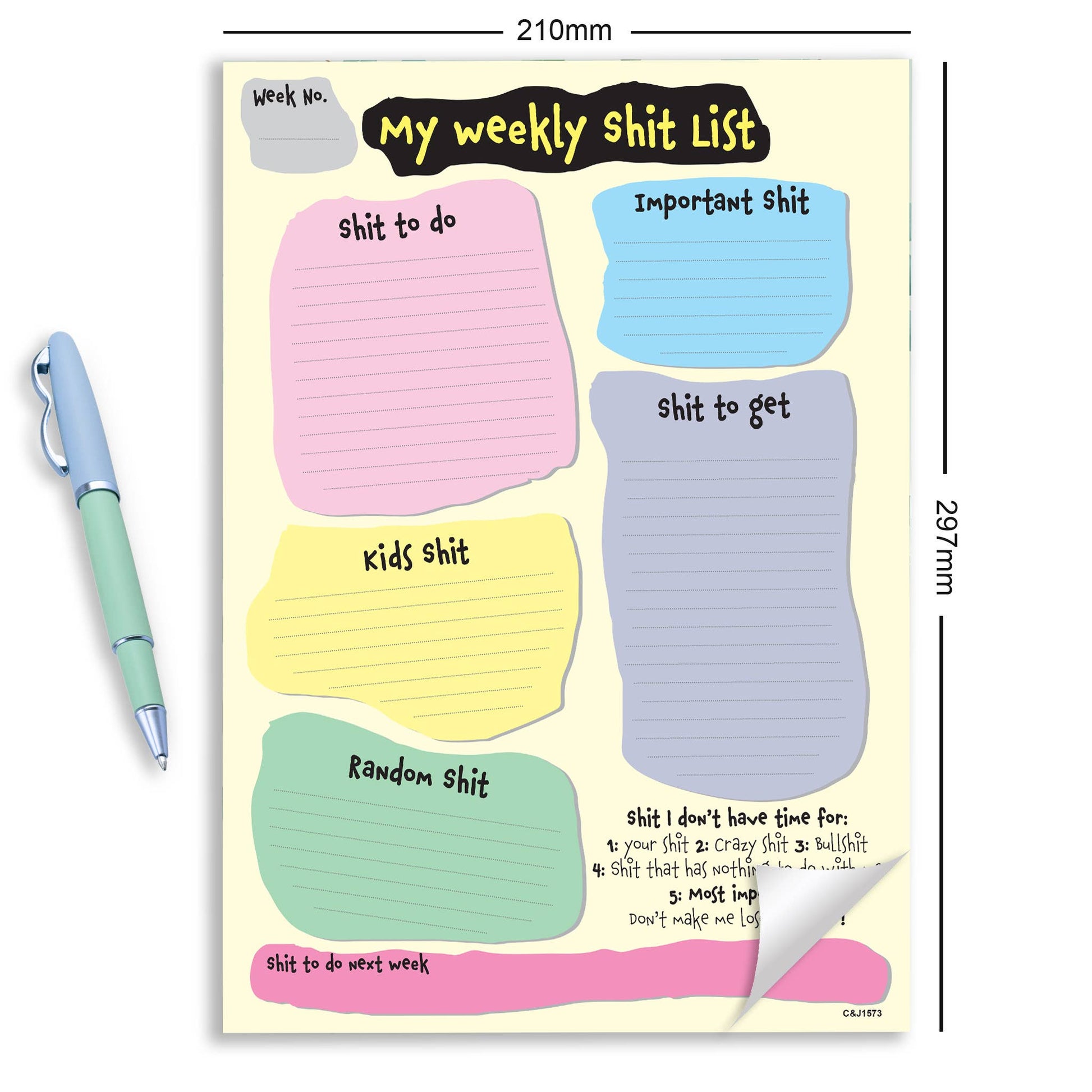 #1573 A4 Weekly Shit List Close to the Bone Greeting Cards and Gifts