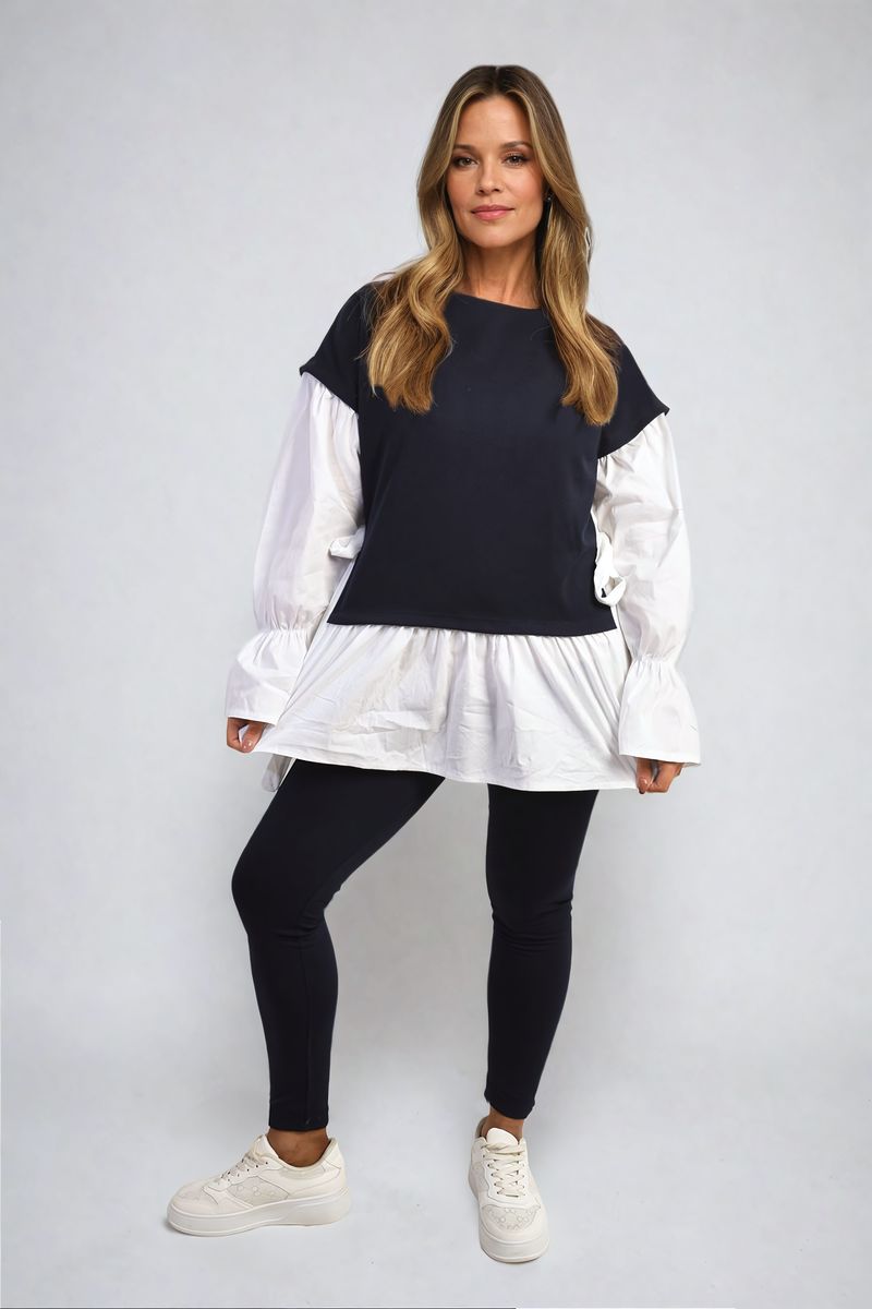 Side Tie Contrast Long Sleeve Knit Frill Top