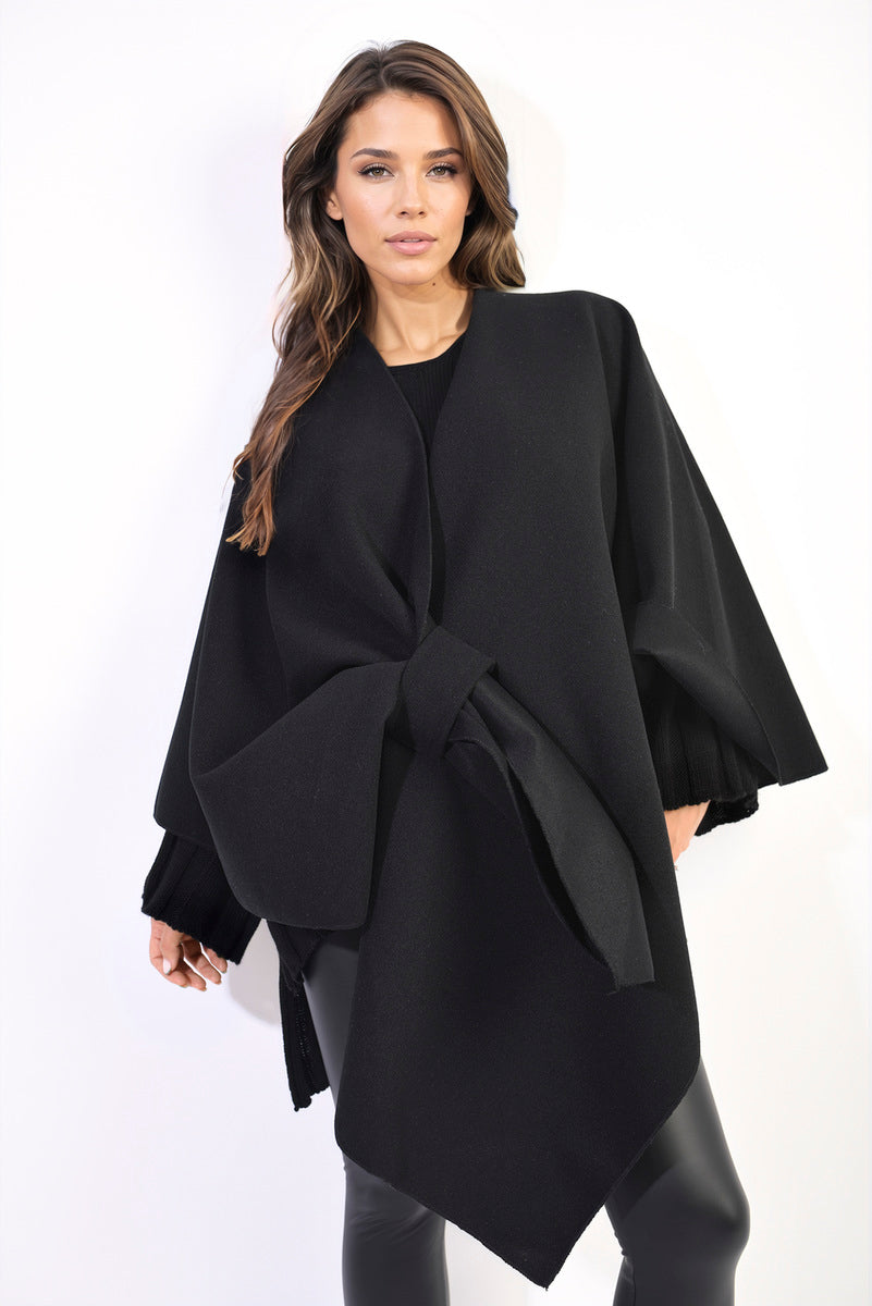 Solid Batwing Sleeve Crossover Cape Coat