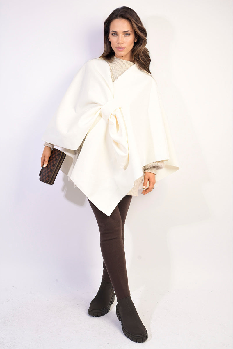 Solid Batwing Sleeve Crossover Cape Coat