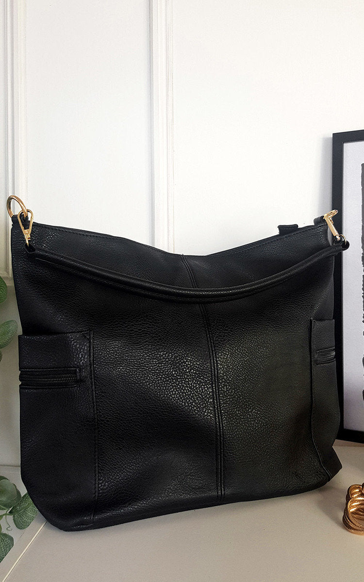 Faux Leather Shoulder Bag with Side Pocket Zip Detail Moda