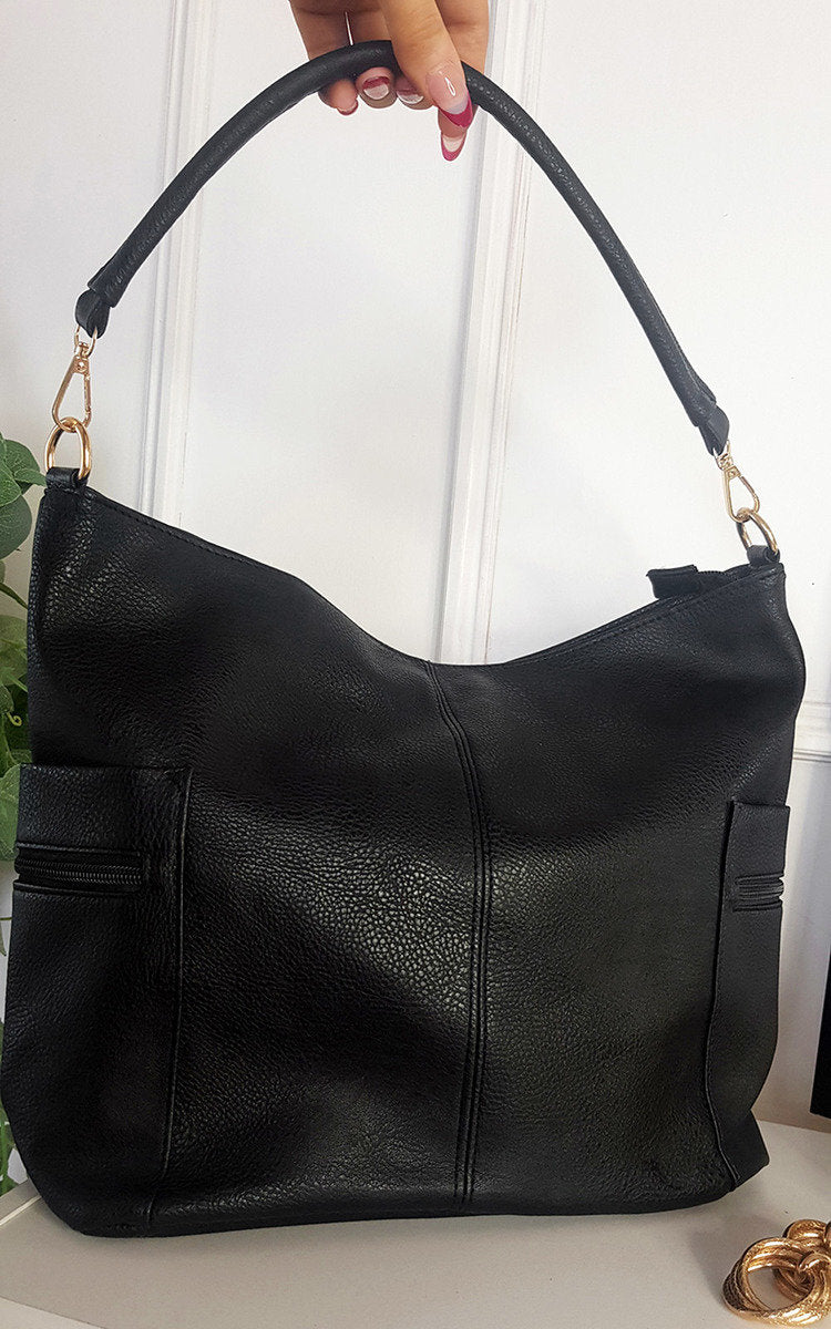 Faux Leather Shoulder Bag with Side Pocket Zip Detail Moda