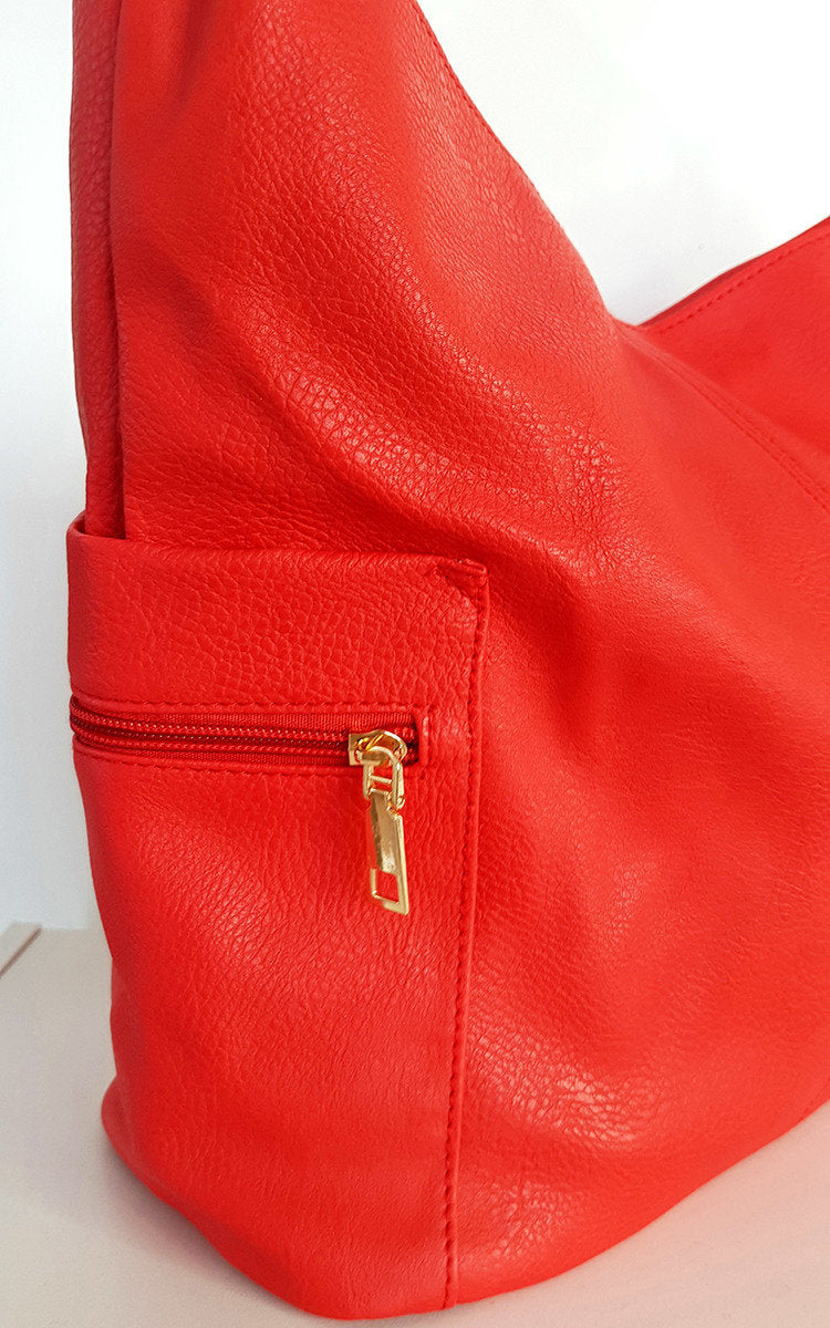 Faux Leather Shoulder Bag with Side Pocket Zip Detail Moda