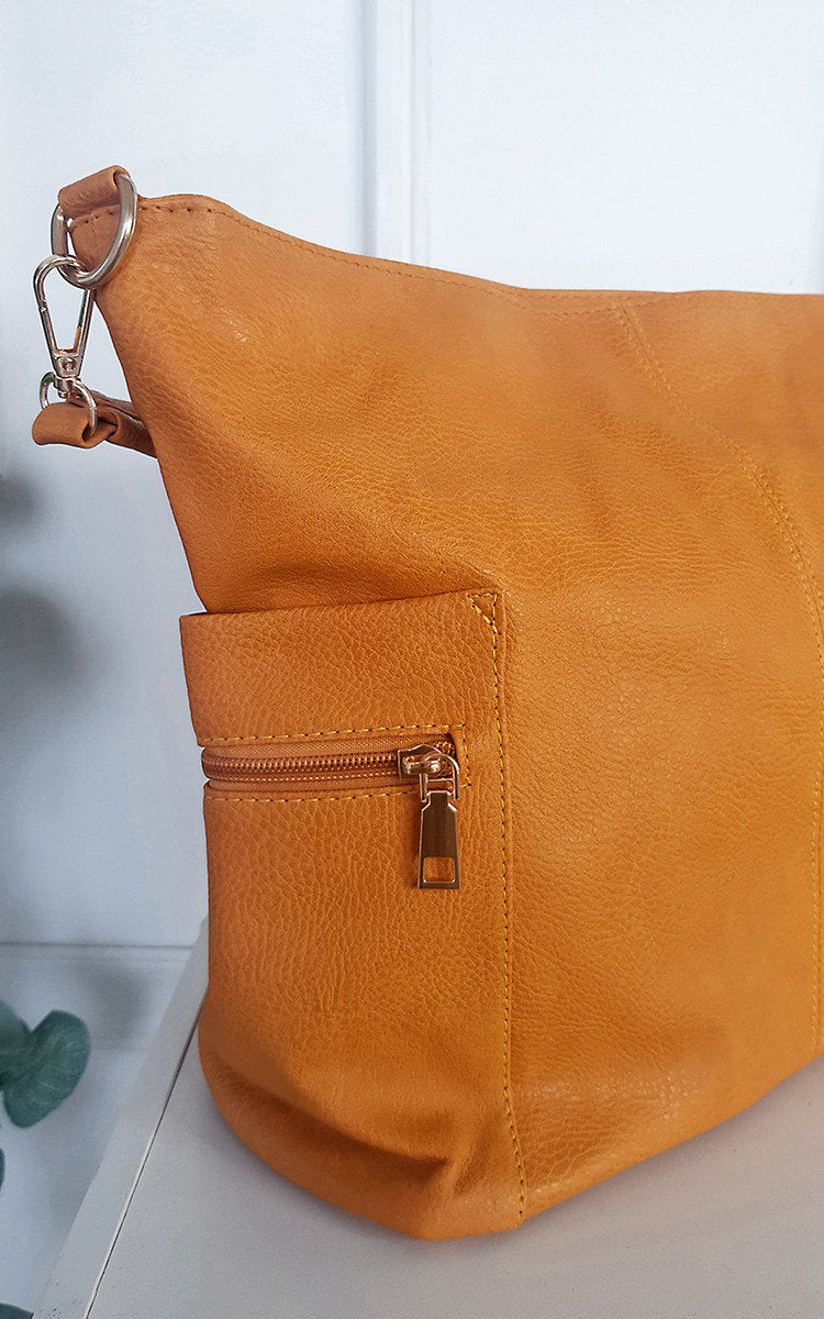 Faux Leather Shoulder Bag with Side Pocket Zip Detail Moda