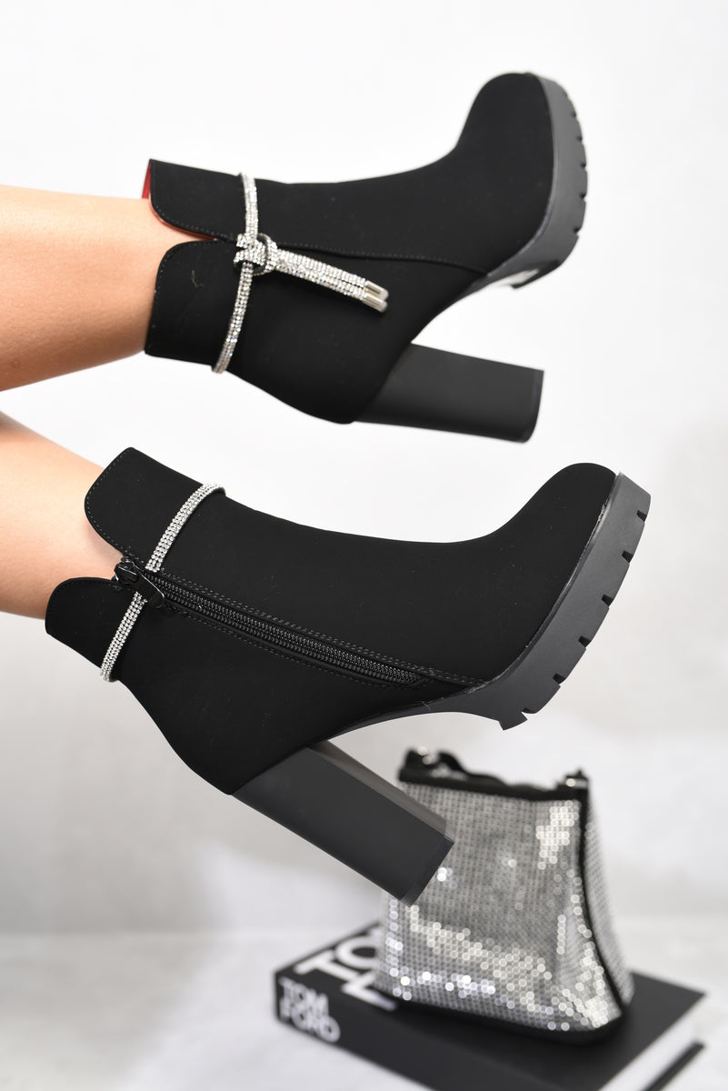 Rhinestone Decor Heeled Chunky Boots