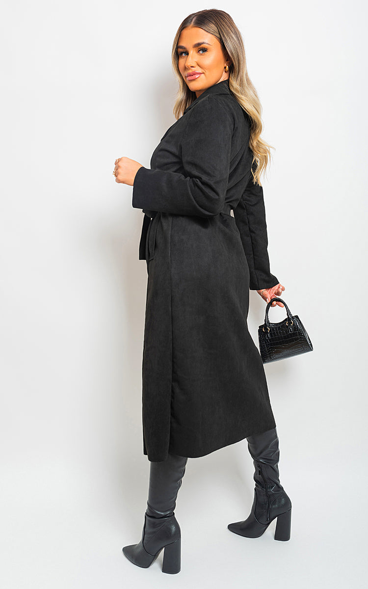 Open Front Lapel Neck Longline Trench Coat