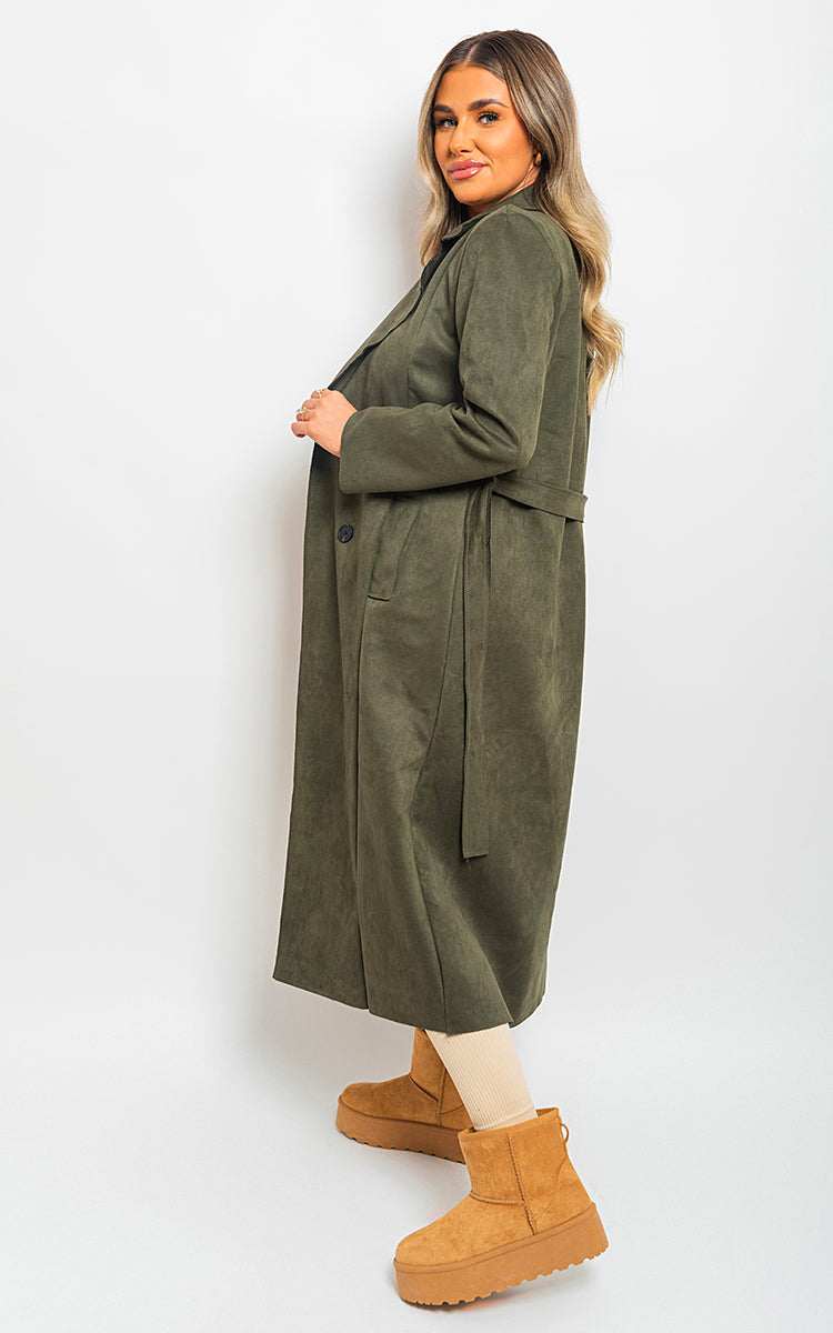 Open Front Lapel Neck Longline Trench Coat