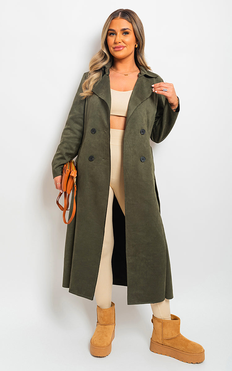 Open Front Lapel Neck Longline Trench Coat