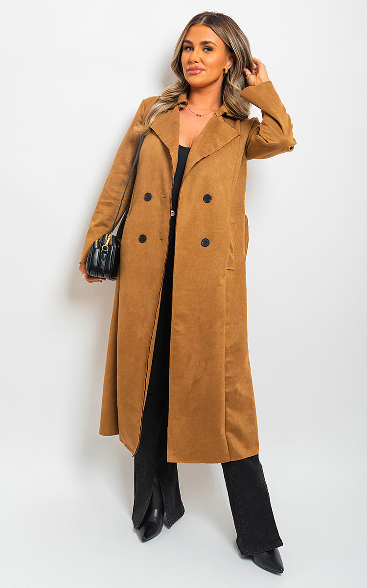 Open Front Lapel Neck Longline Trench Coat