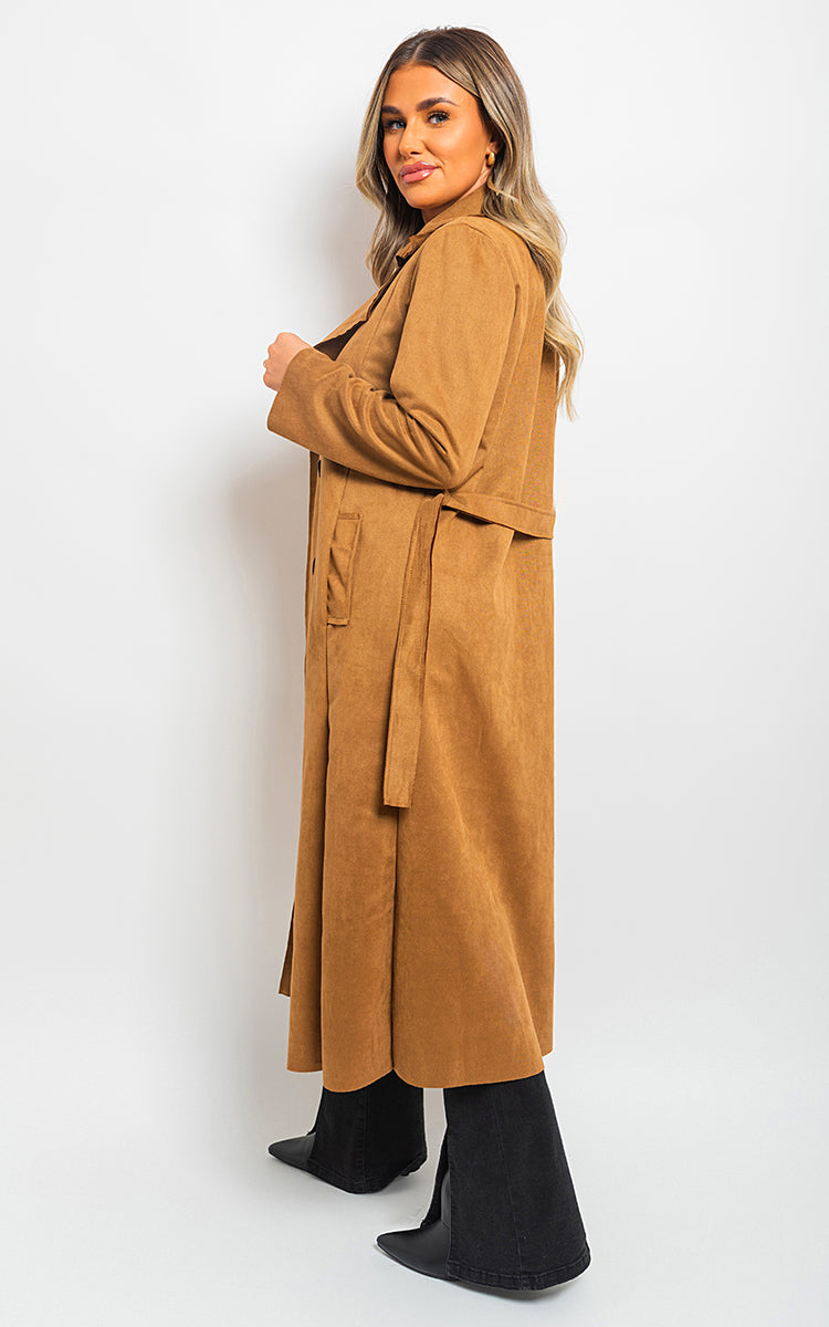 Open Front Lapel Neck Longline Trench Coat