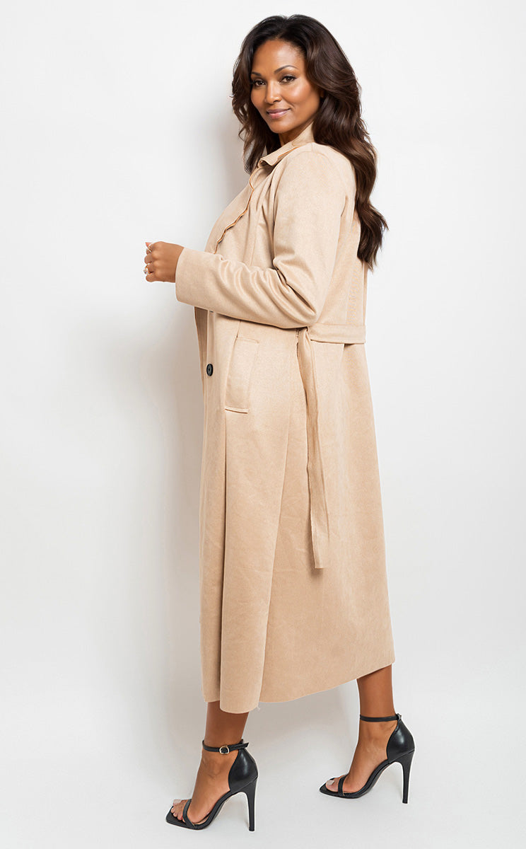 Open Front Lapel Neck Longline Trench Coat