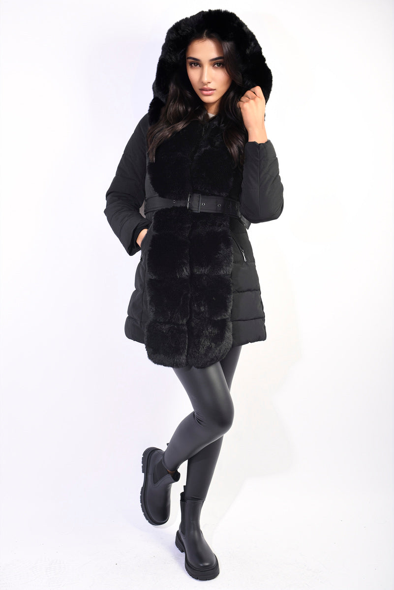 Padded Faux Fur Trim Longline Coat