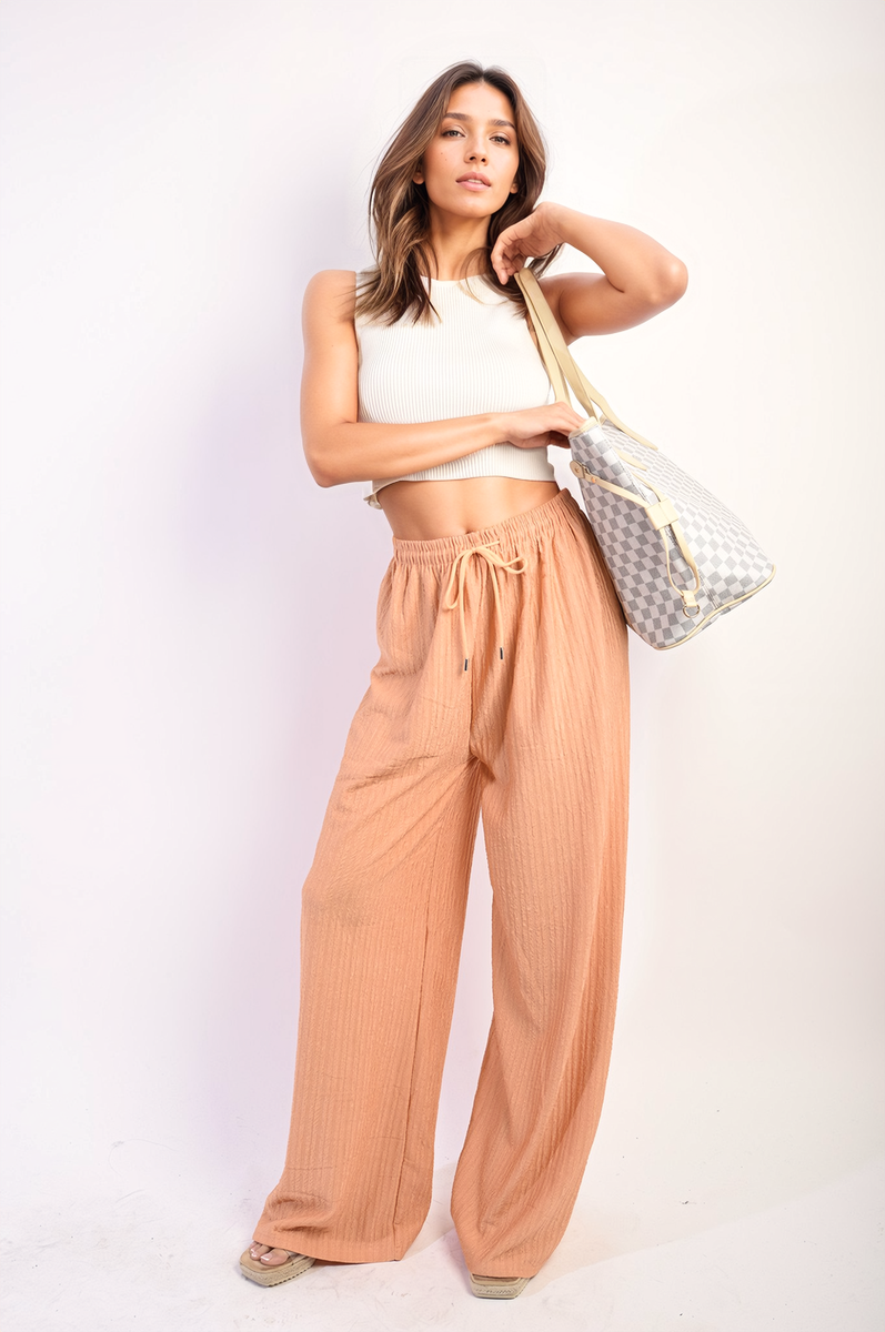 Textured Wide Leg Drawstring Trousers Moda