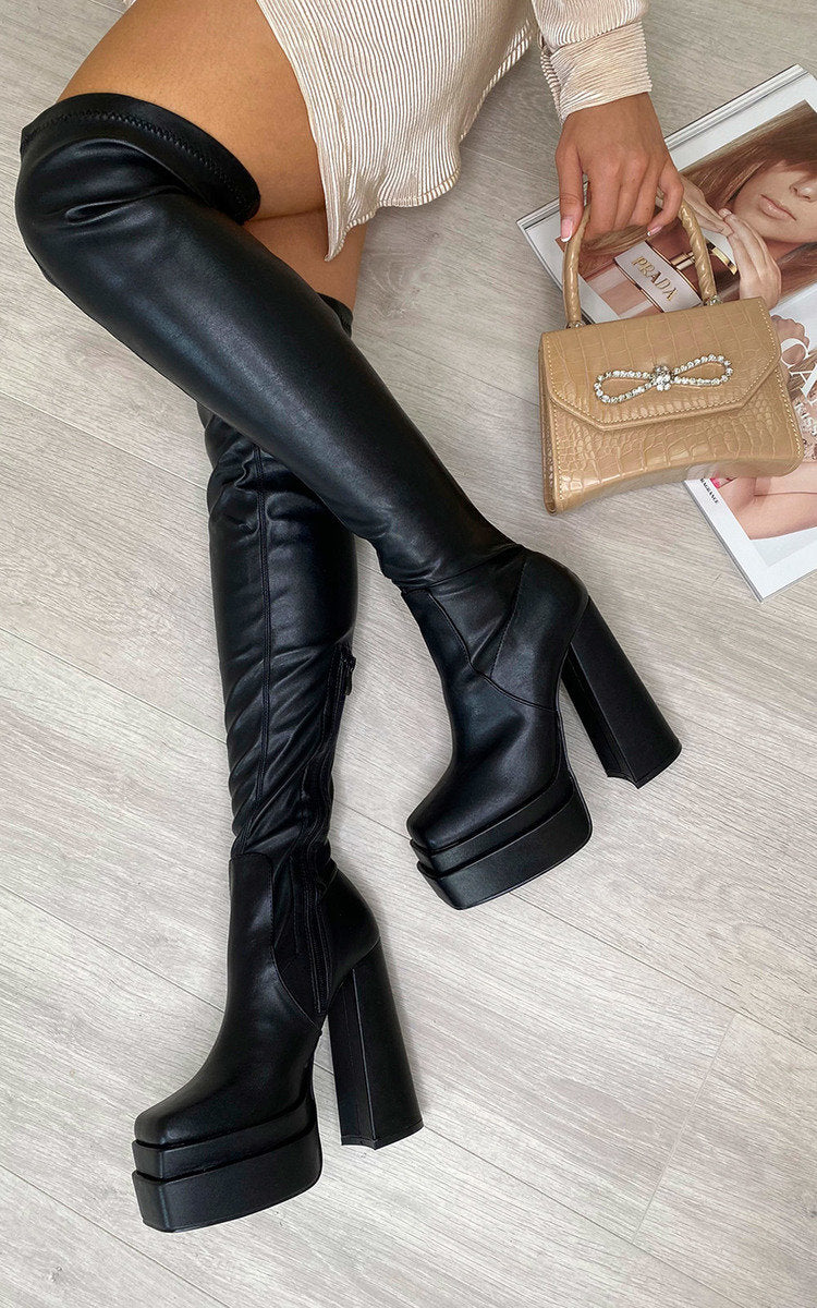 Block Heel Knee High Boots Moda