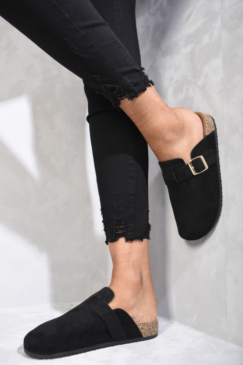 Suede with Buckle Details Slip On Sandals