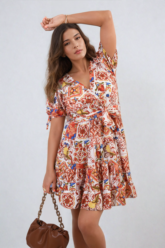 Floral V-Neck Tie Waist Mini Dress Moda