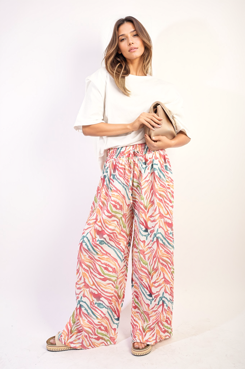 Pleated Wide Leg and Elastic Waist Trousers Moda