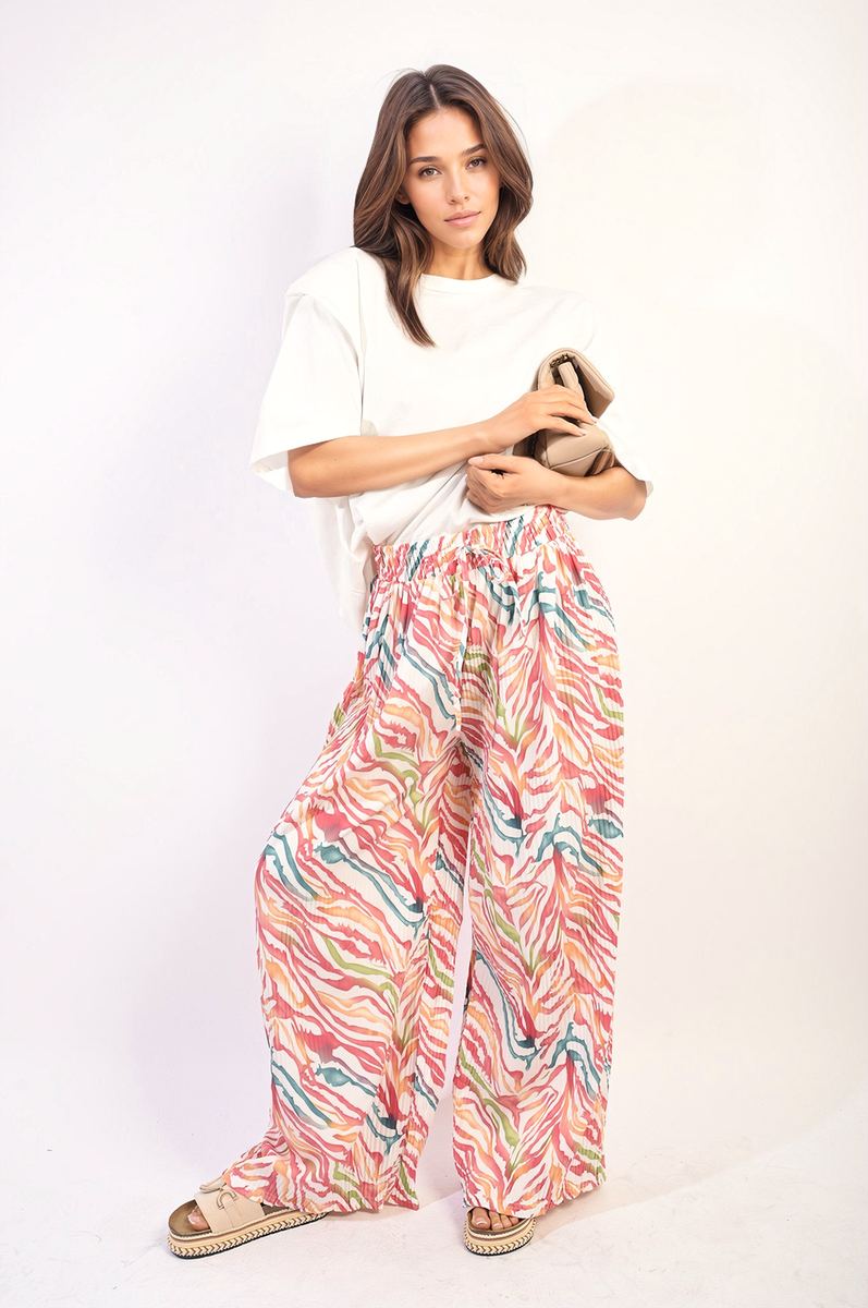 Pleated Wide Leg and Elastic Waist Trousers Moda