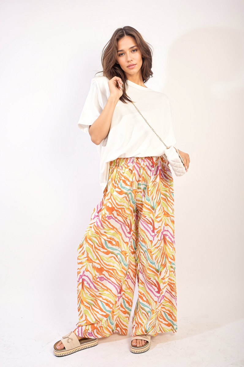 Pleated Wide Leg and Elastic Waist Trousers Moda