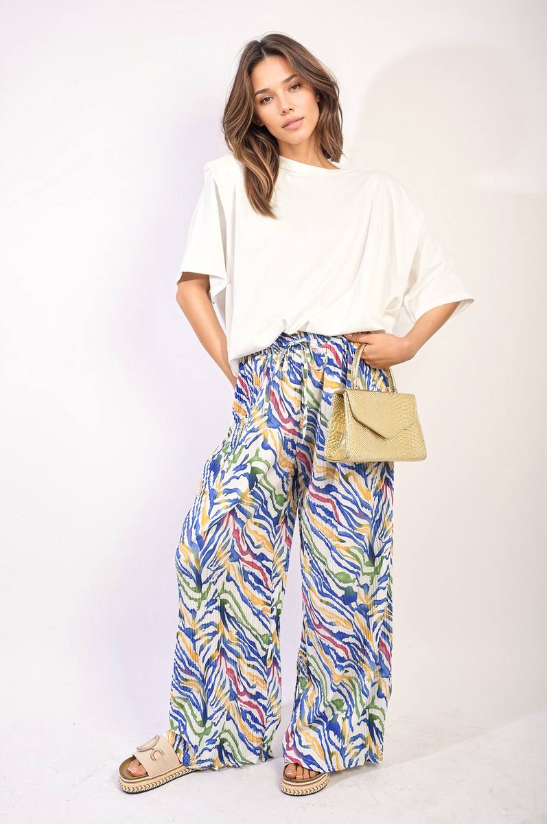 Pleated Wide Leg and Elastic Waist Trousers Moda