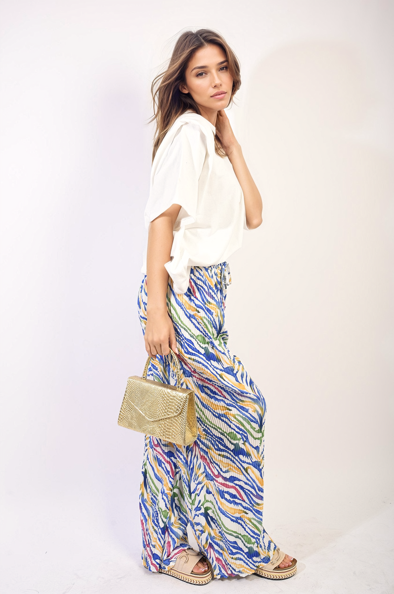 Pleated Wide Leg and Elastic Waist Trousers Moda