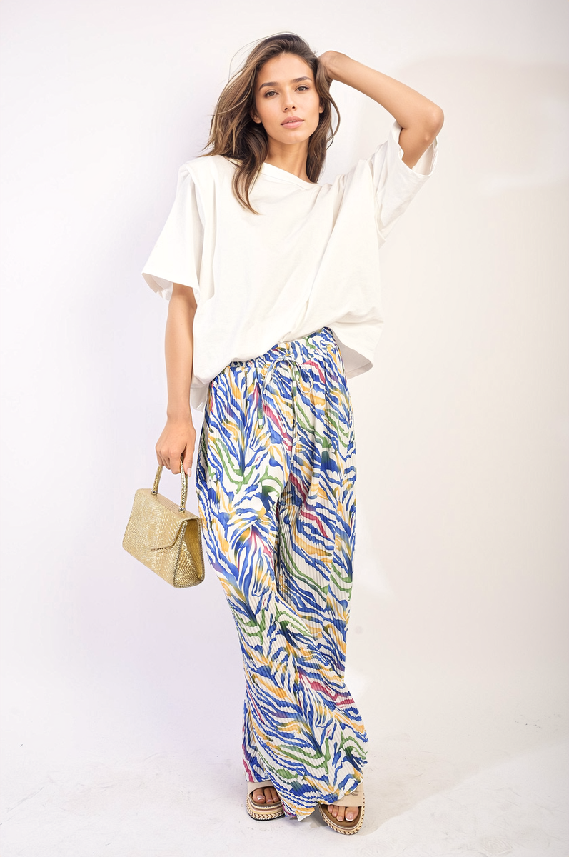 Pleated Wide Leg and Elastic Waist Trousers Moda