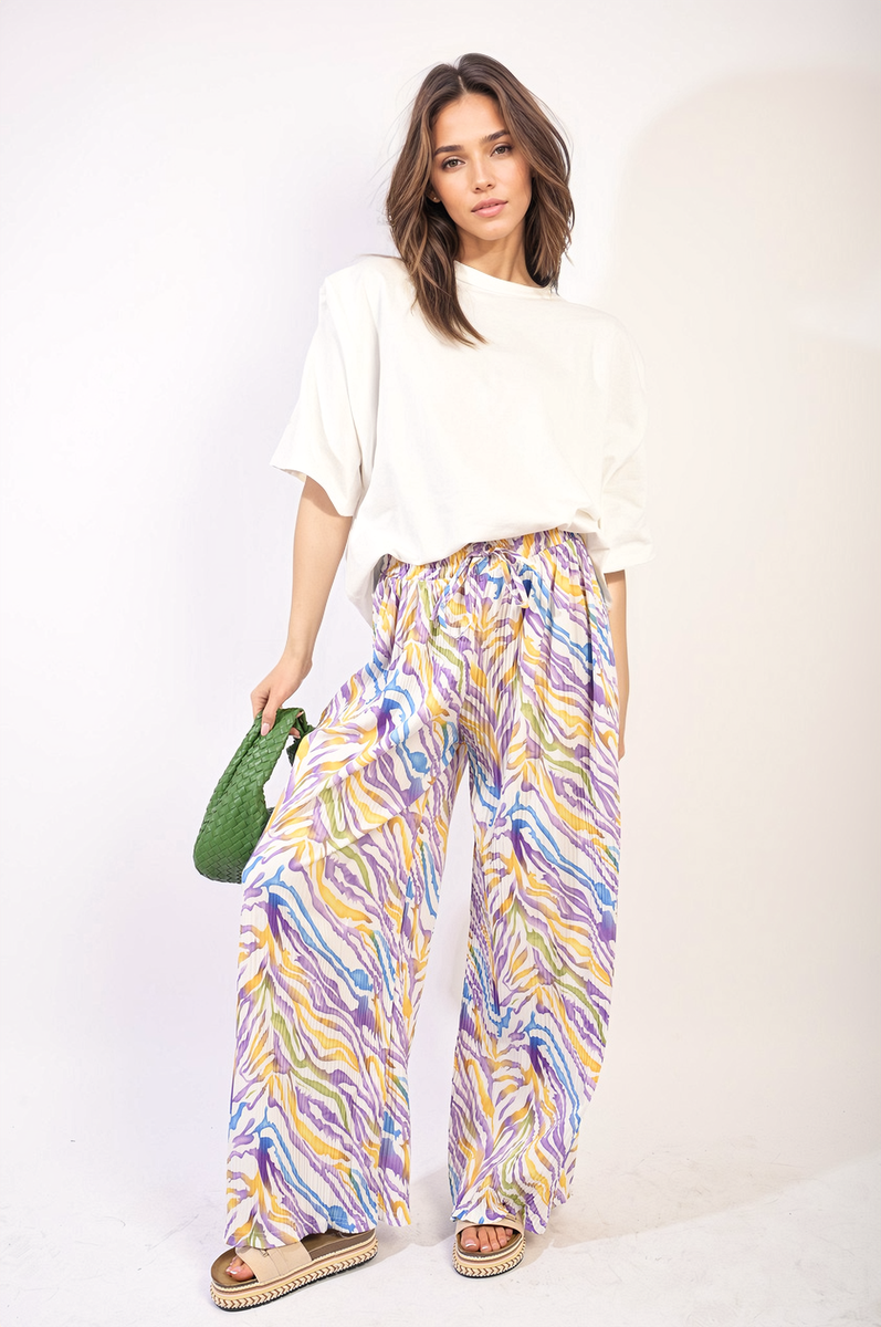 Pleated Wide Leg and Elastic Waist Trousers Moda