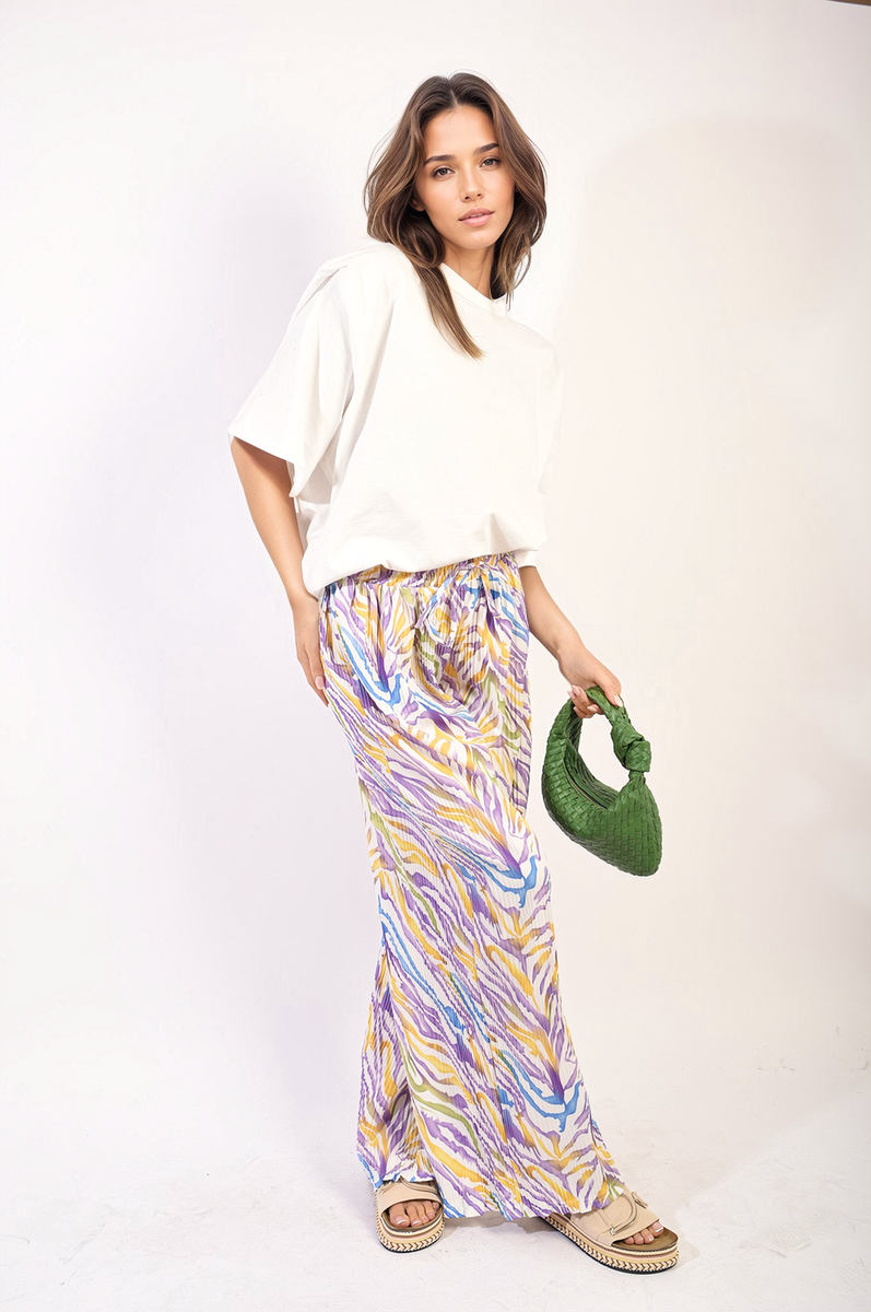 Pleated Wide Leg and Elastic Waist Trousers Moda