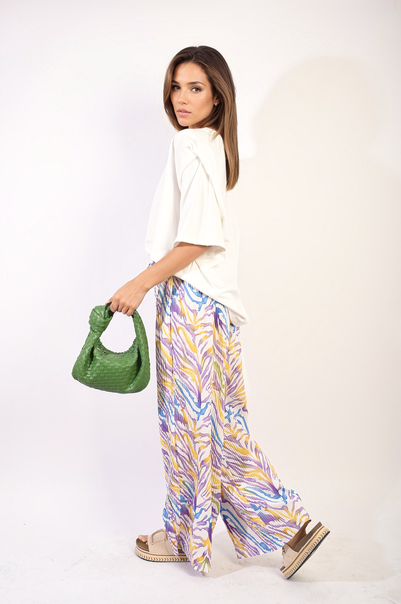 Pleated Wide Leg and Elastic Waist Trousers Moda