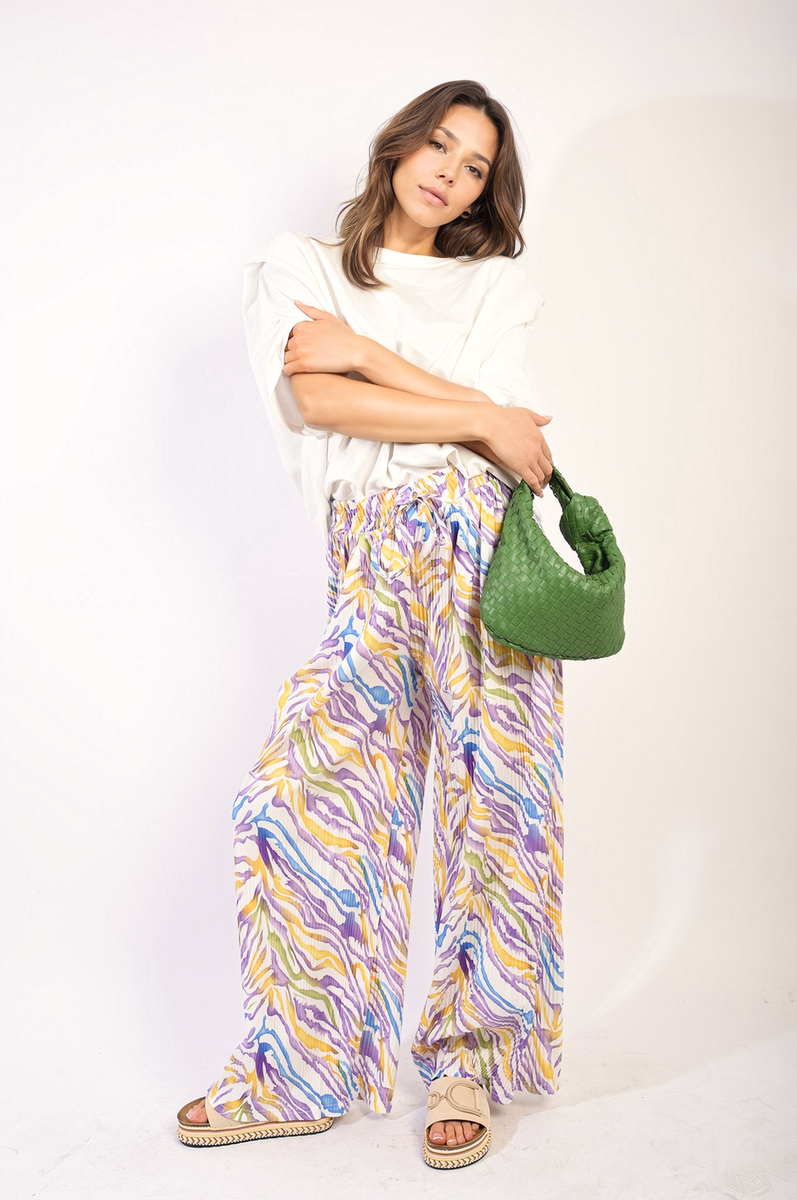 Pleated Wide Leg and Elastic Waist Trousers Moda