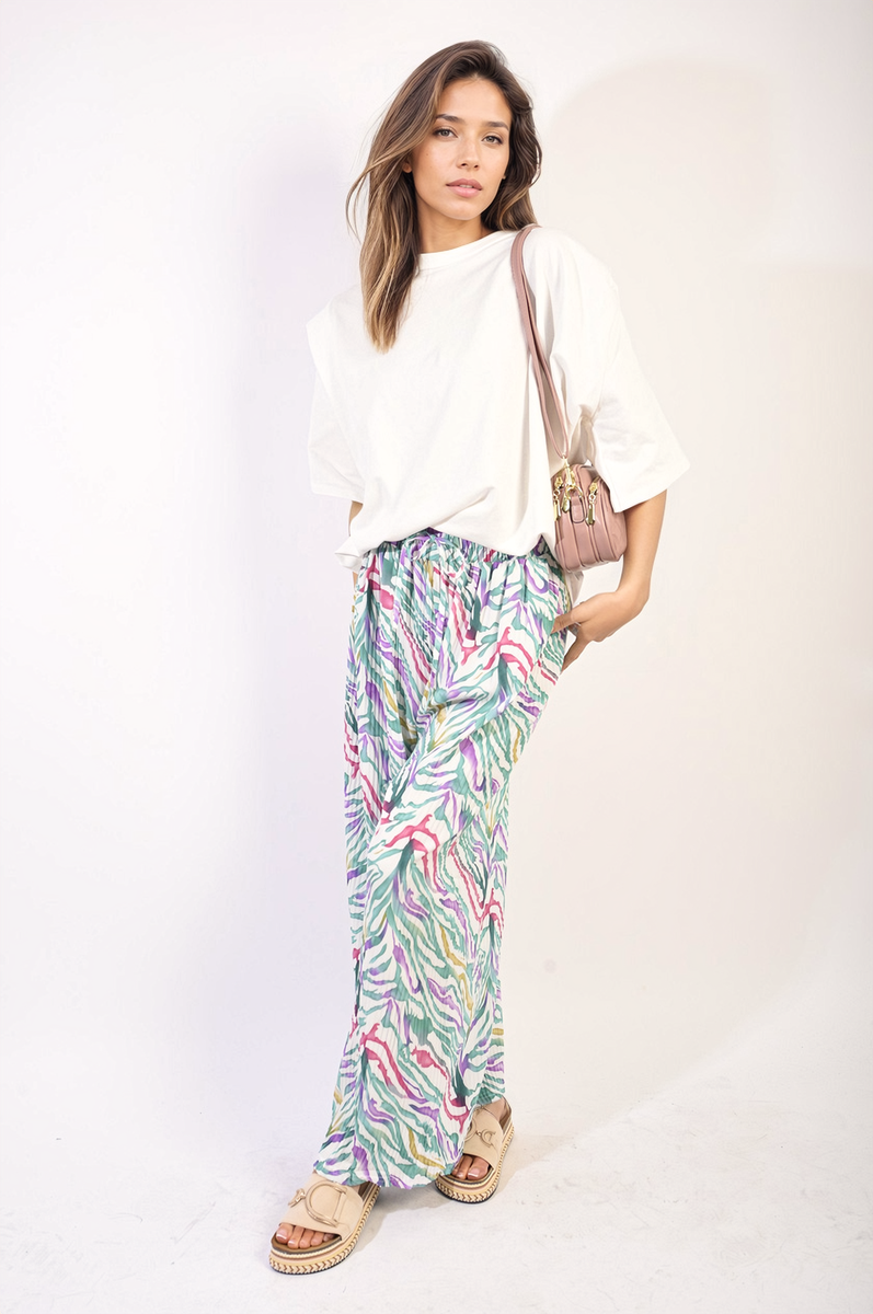 Pleated Wide Leg and Elastic Waist Trousers Moda