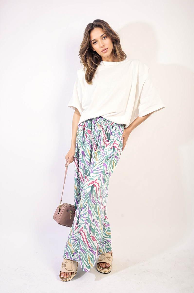 Pleated Wide Leg and Elastic Waist Trousers Moda