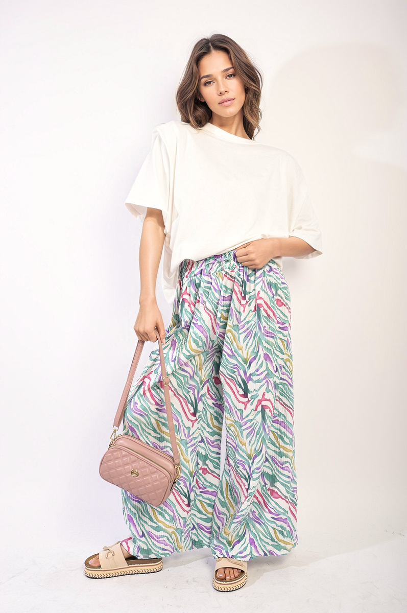 Pleated Wide Leg and Elastic Waist Trousers Moda