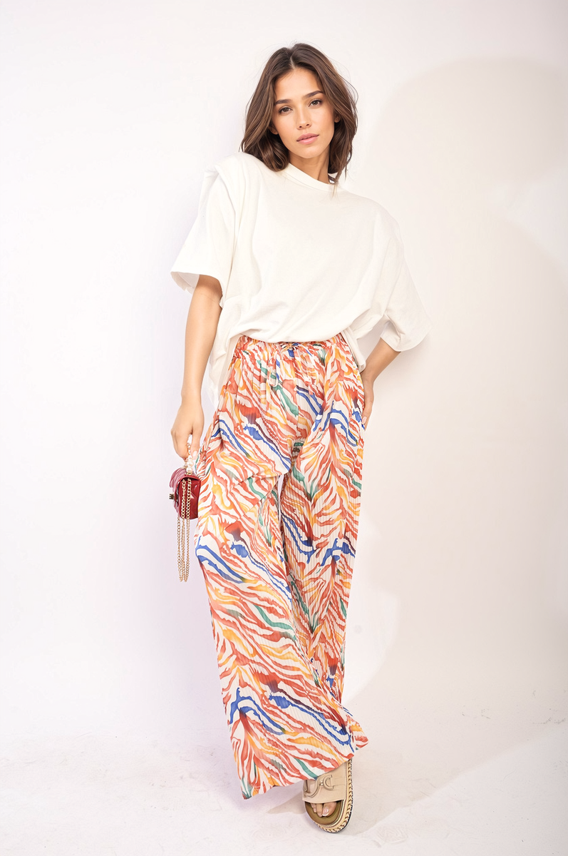 Pleated Wide Leg and Elastic Waist Trousers Moda