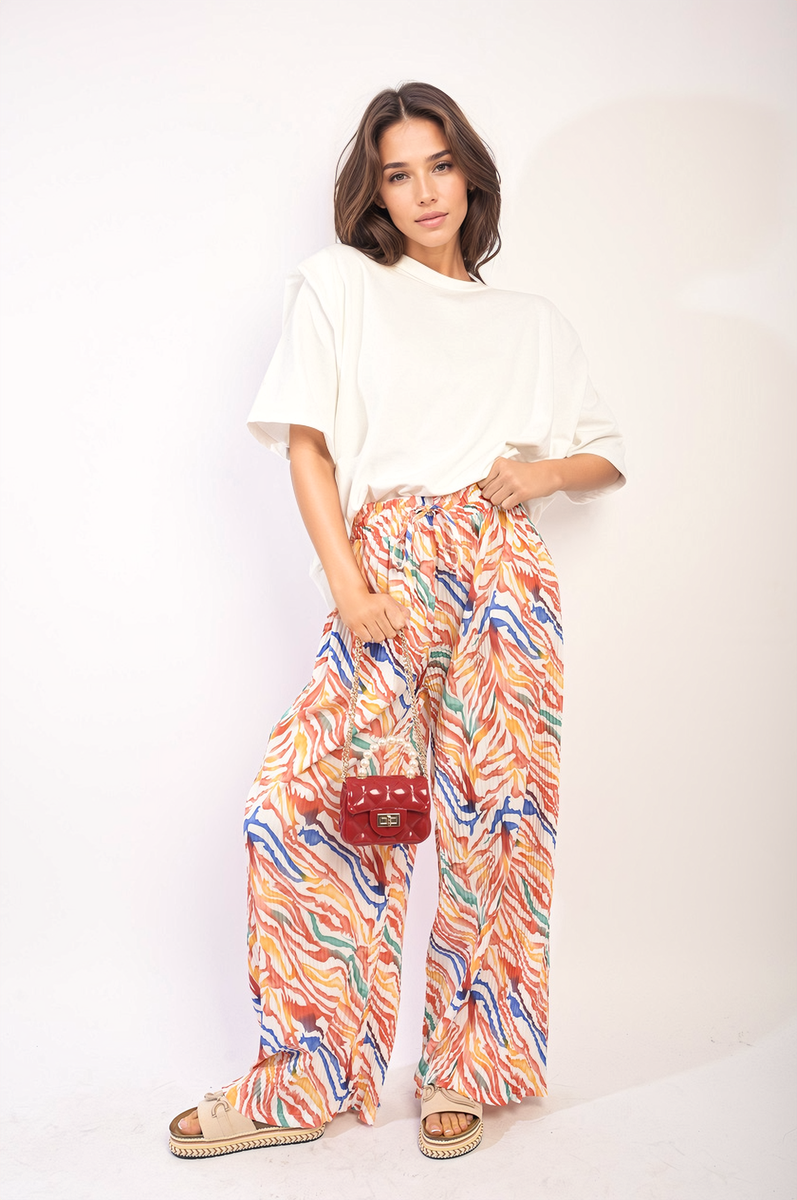 Pleated Wide Leg and Elastic Waist Trousers Moda