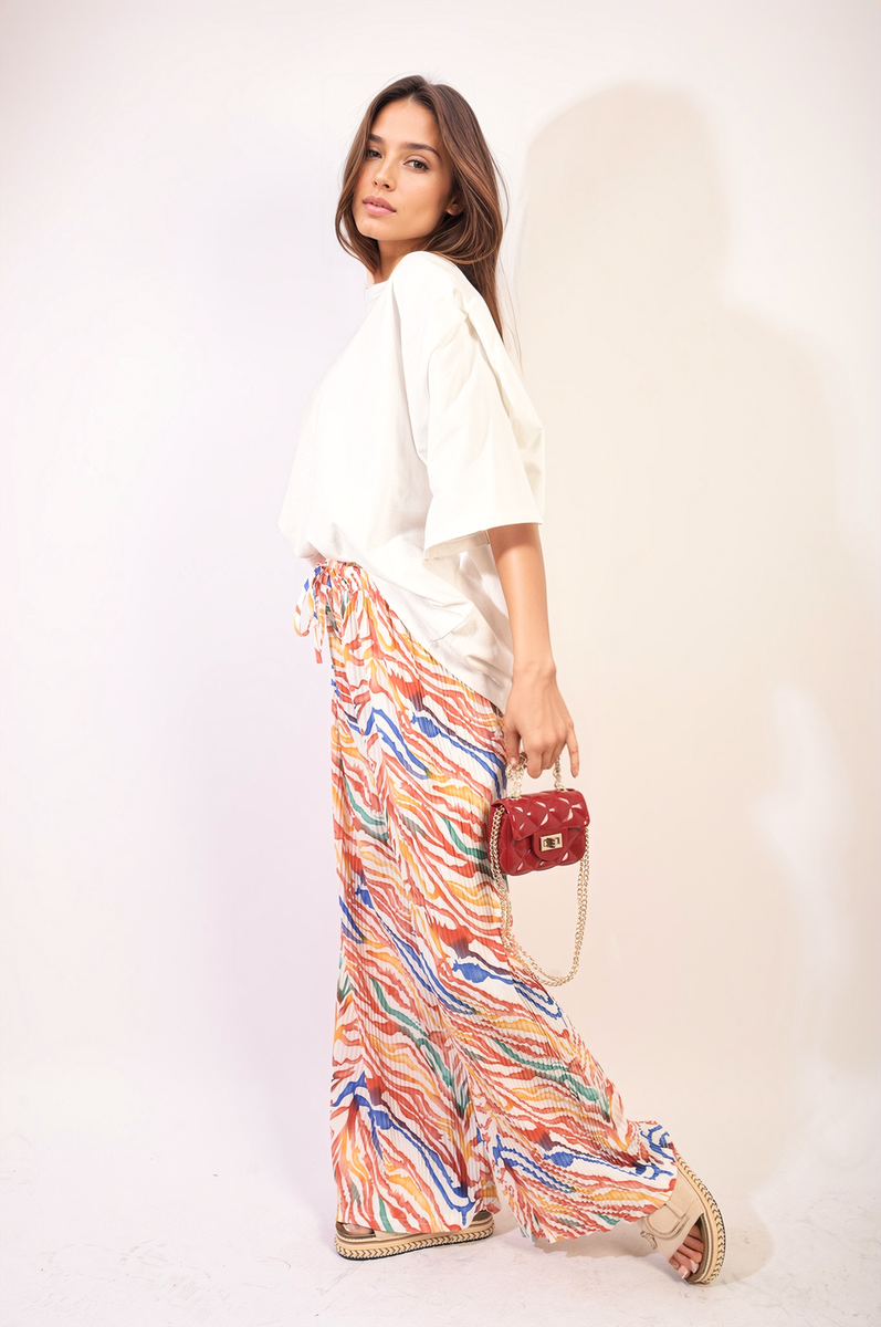 Pleated Wide Leg and Elastic Waist Trousers Moda