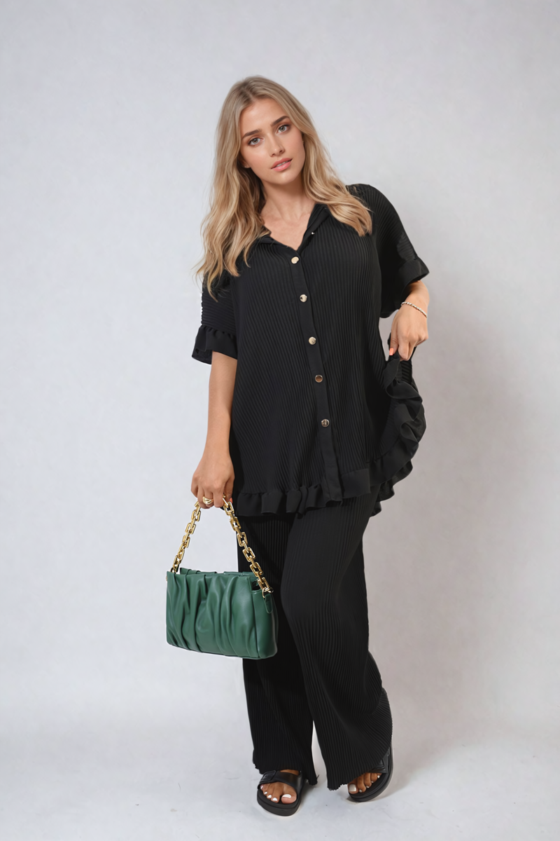 Button Pleated Frill Ruffle Top and Wide Leg Trouser Co-ord Set Moda