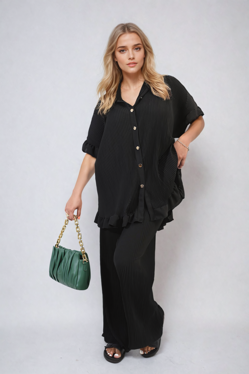 Button Pleated Frill Ruffle Top and Wide Leg Trouser Co-ord Set Moda