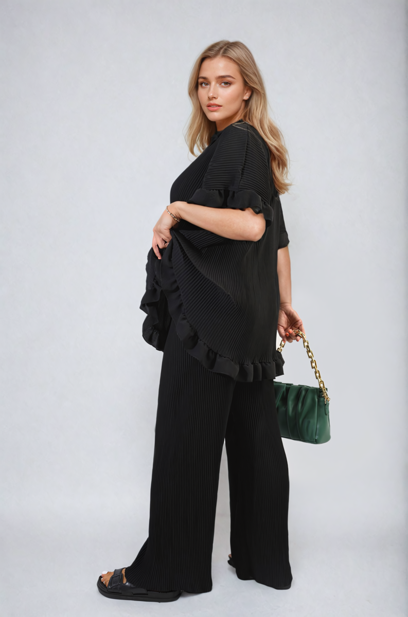 Button Pleated Frill Ruffle Top and Wide Leg Trouser Co-ord Set Moda