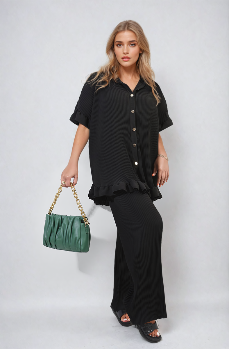 Button Pleated Frill Ruffle Top and Wide Leg Trouser Co-ord Set Moda