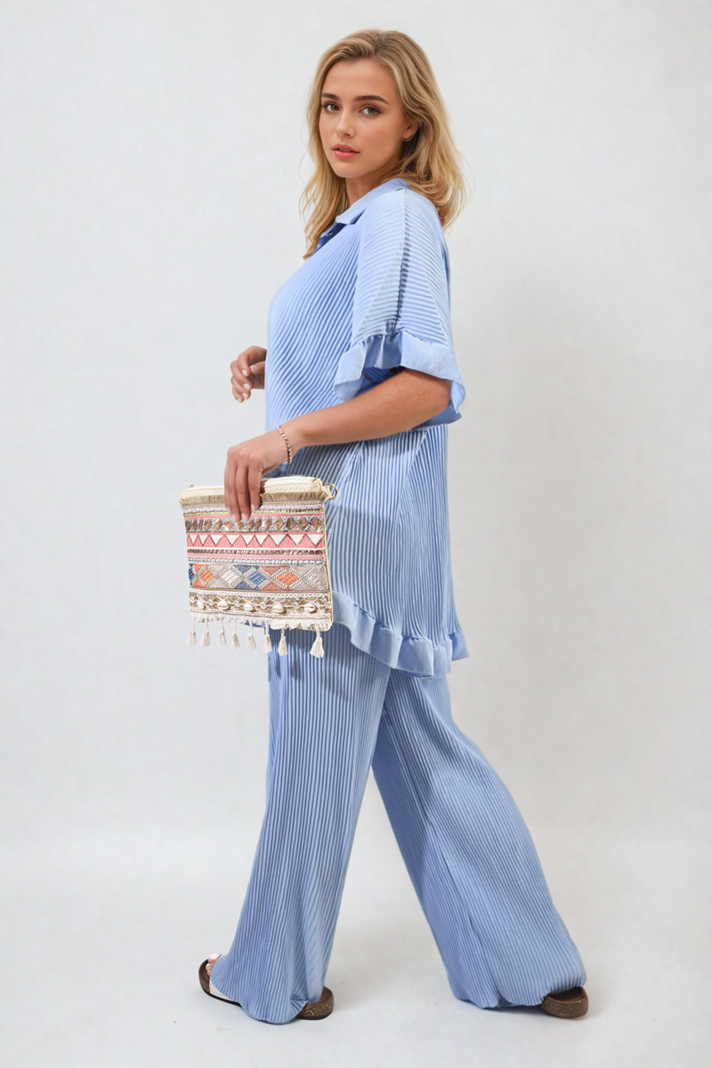 Button Pleated Frill Ruffle Top and Wide Leg Trouser Co-ord Set Moda