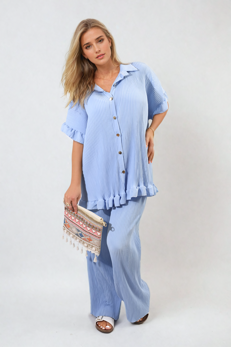 Button Pleated Frill Ruffle Top and Wide Leg Trouser Co-ord Set Moda