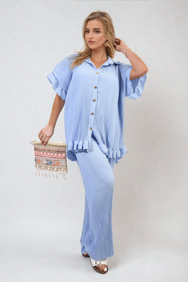 Button Pleated Frill Ruffle Top and Wide Leg Trouser Co-ord Set Moda