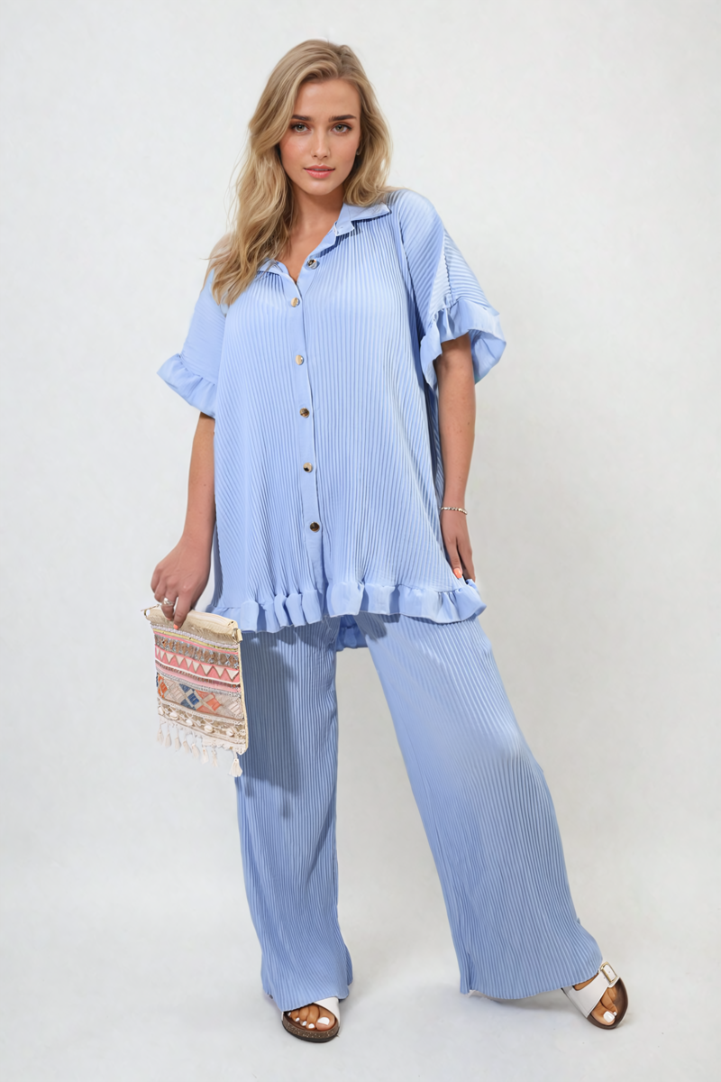 Button Pleated Frill Ruffle Top and Wide Leg Trouser Co-ord Set Moda