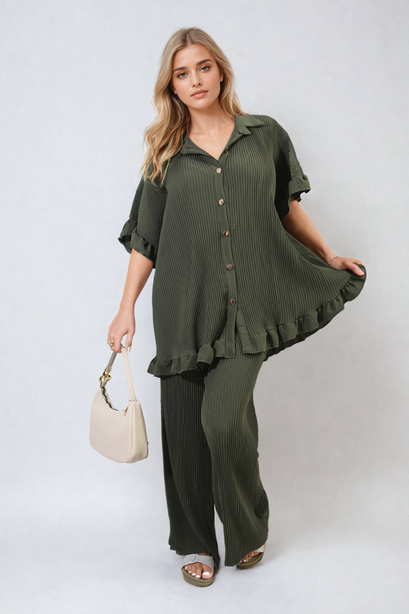 Button Pleated Frill Ruffle Top and Wide Leg Trouser Co-ord Set Moda