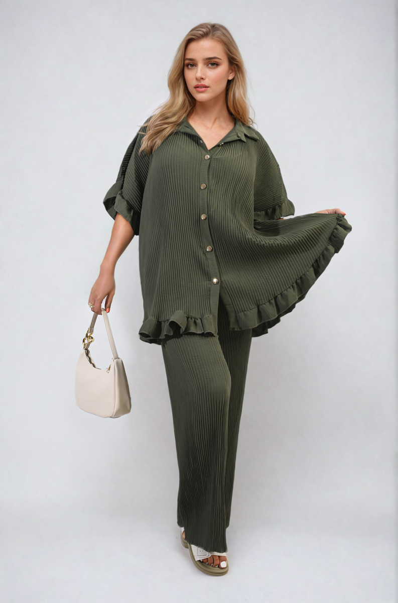 Button Pleated Frill Ruffle Top and Wide Leg Trouser Co-ord Set Moda