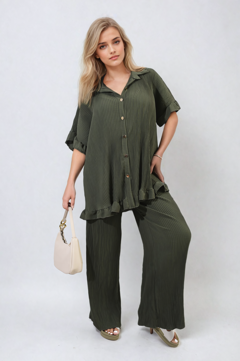 Button Pleated Frill Ruffle Top and Wide Leg Trouser Co-ord Set Moda