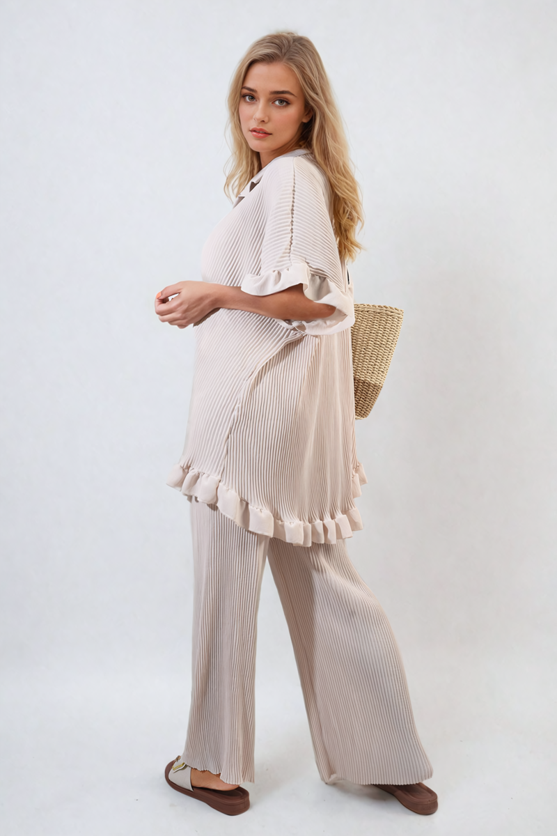 Button Pleated Frill Ruffle Top and Wide Leg Trouser Co-ord Set Moda